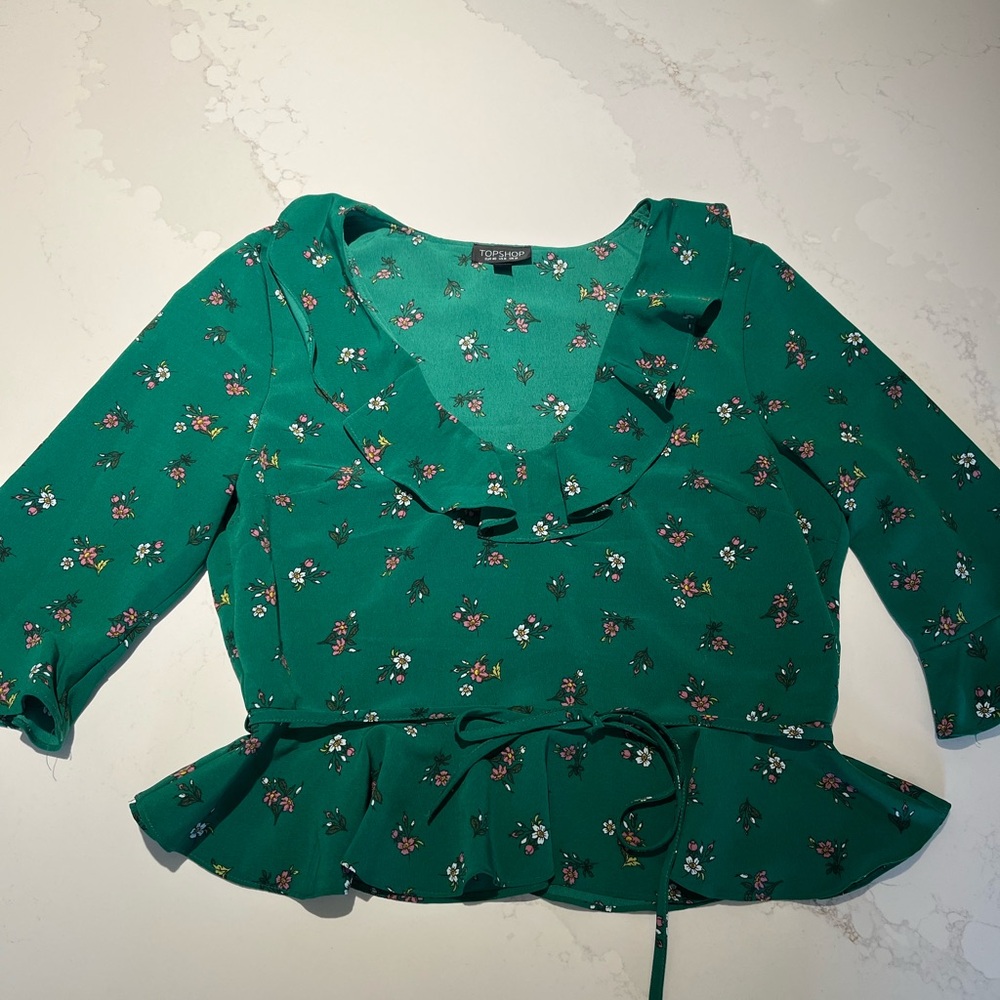 Topshop Green Floral Ruffle Blouse